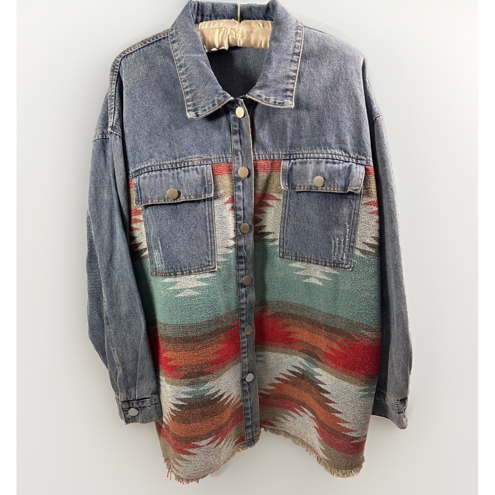 Women's Southwestern Aztec Print Denim Shacket Jacket XL Frayed Hem
